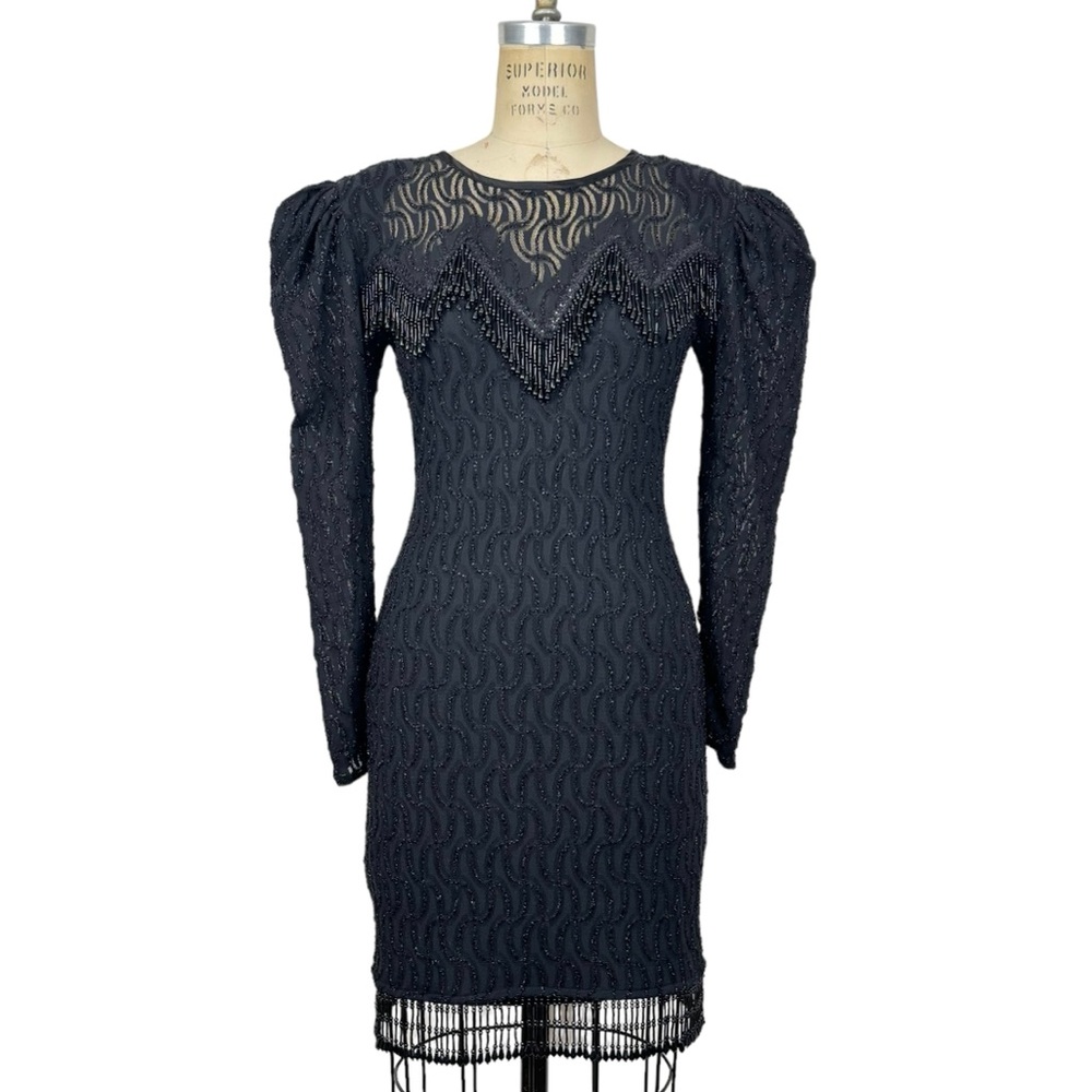 Vintage Black Beaded Fringe Mini Dress